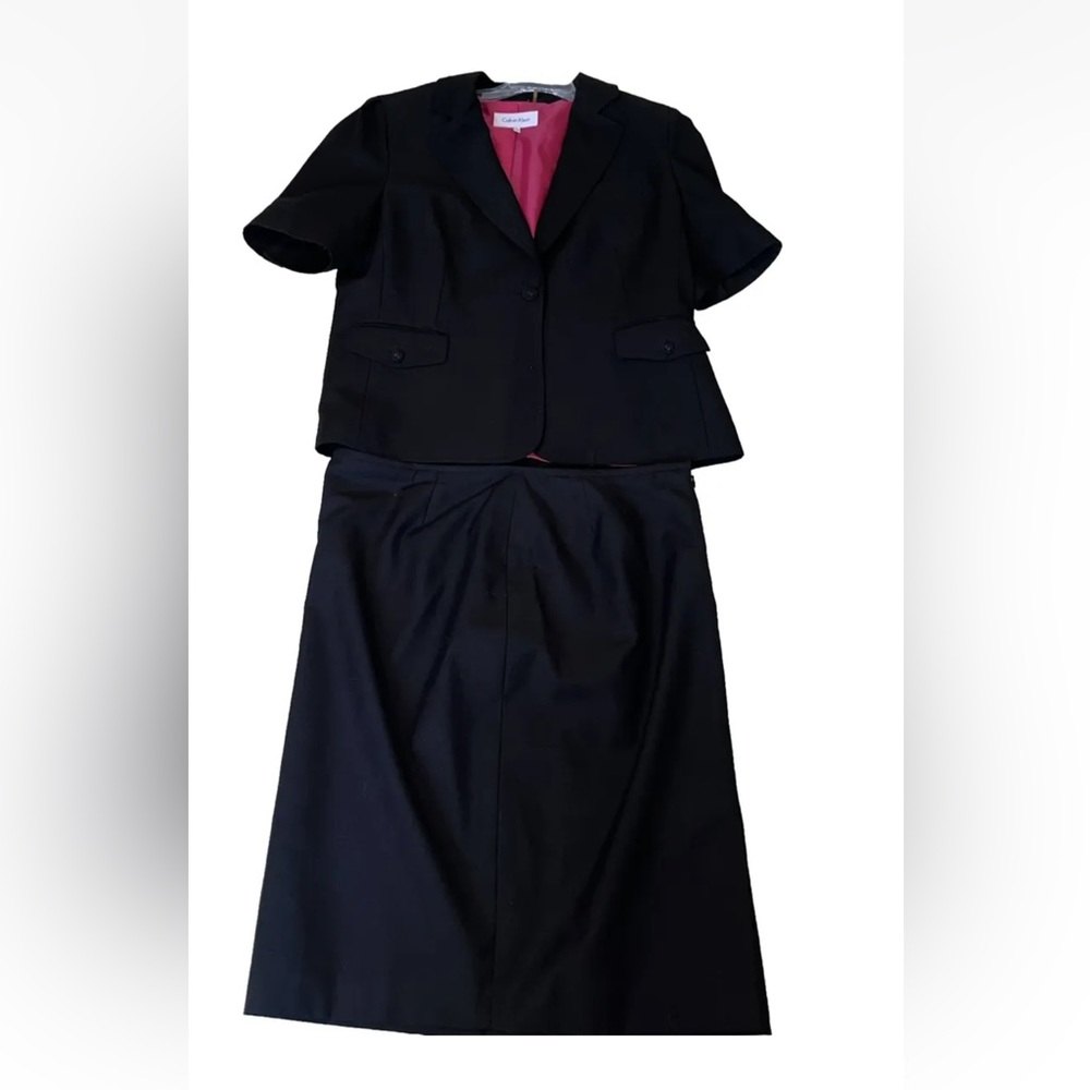 Calvin Klein 2 piece Skirt Suit with Short Sleeve Blazer Black Women Size 14 EUC